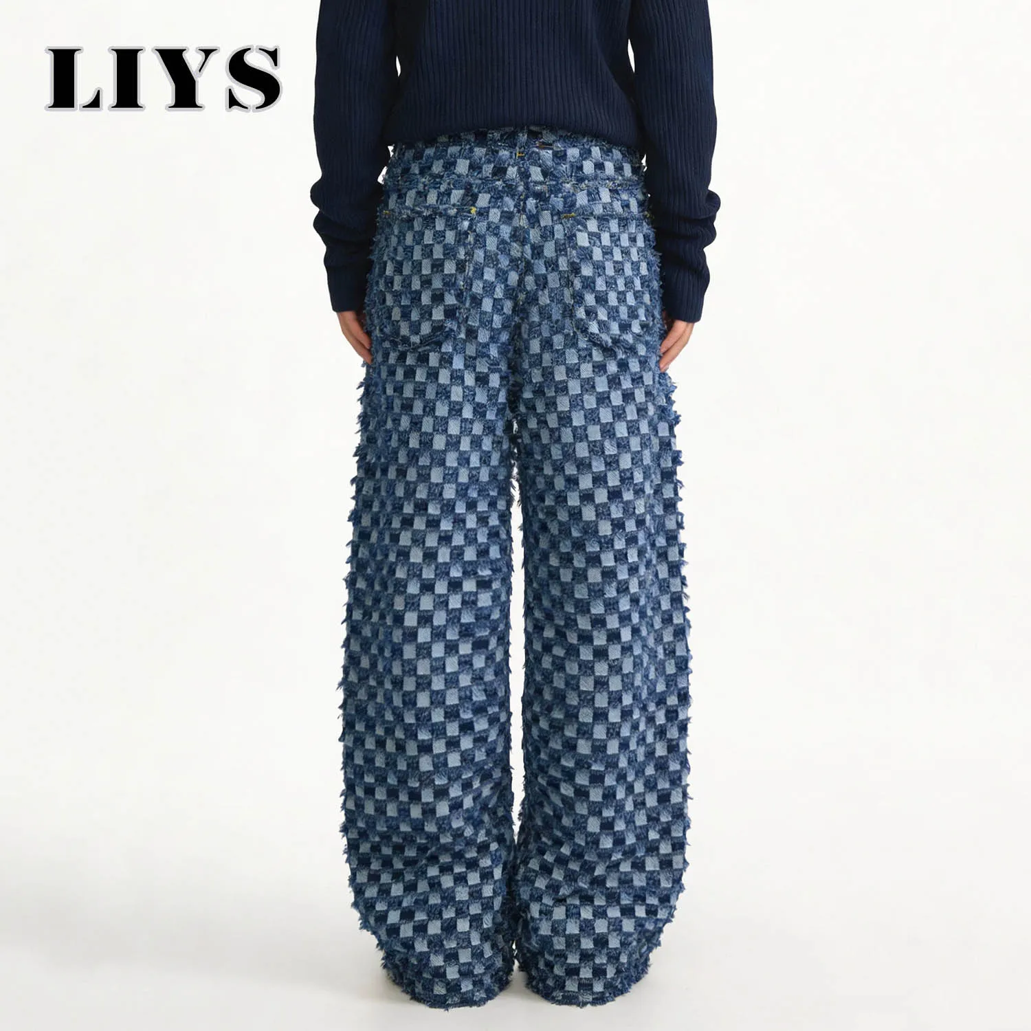LIYS Japanese Korean Style Checkerboard Jacquard Baggy Wide-leg Jeans Trend Jacquard Casual straight leg Denim Pants Unisex