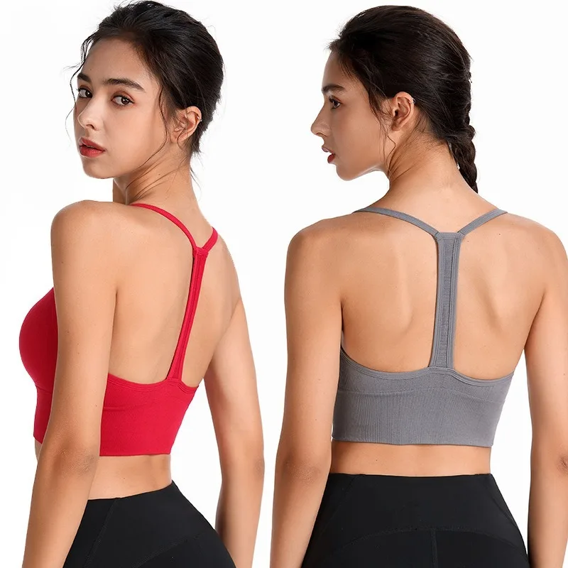 T-Back Sports Bra for Women Thin Strap Padded Yoga Bra Dance Workout Tank Top Seamless Low-Impact Activewear Top
