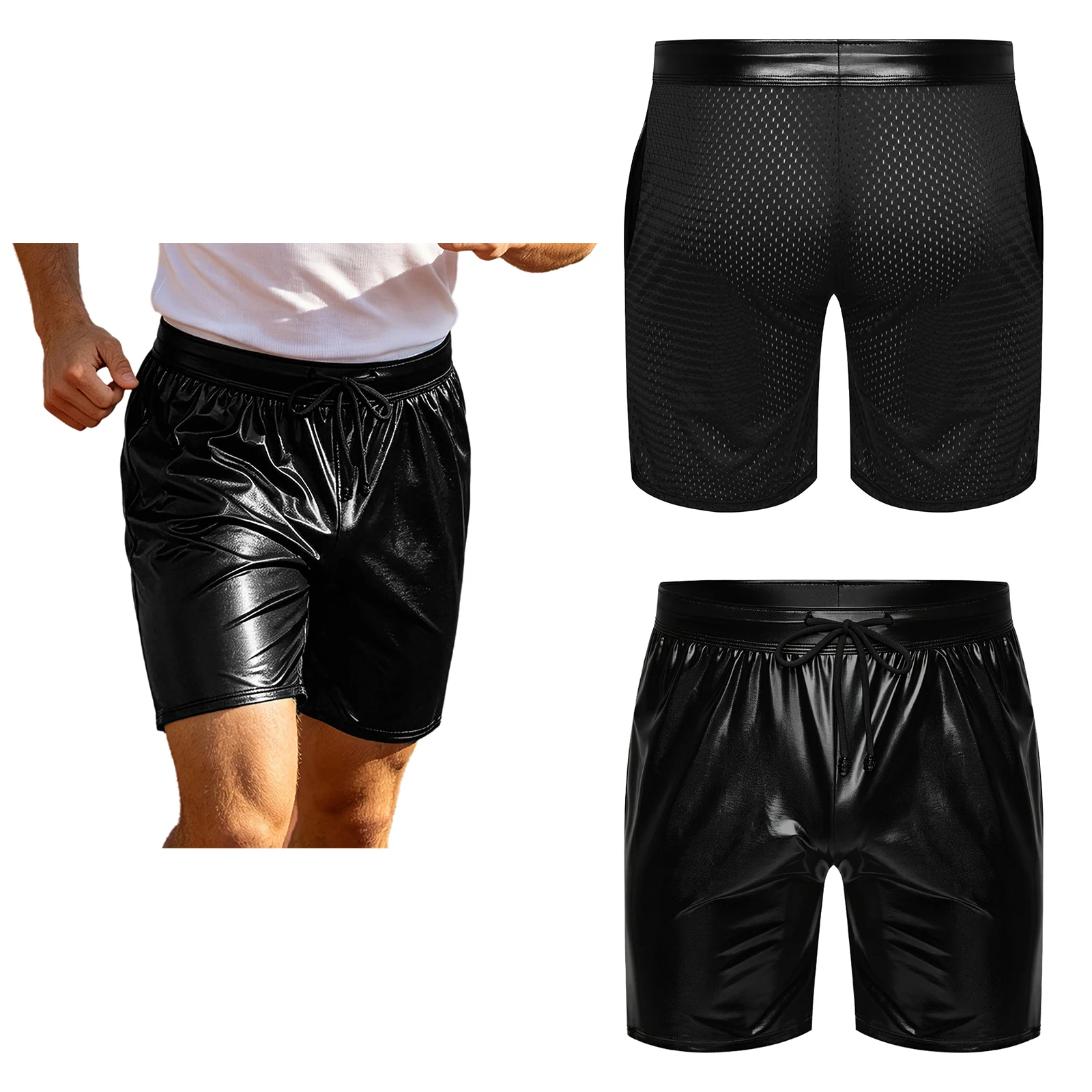 Men Metallic Shiny Cutout Mesh Breathable Sports Shorts Drawstring Waist Bottoms with Pockets for Disco Rave Party Beach Running