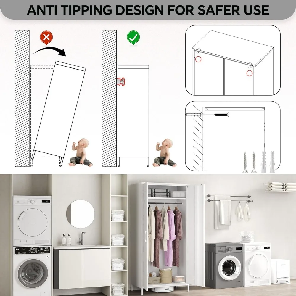 خزانة ملابس معدنية من MIOCASA، خزانة تخزين فولاذية مع بابين لغرفة النوم وغرفة المعيشة - رف واحد (أبيض) #5