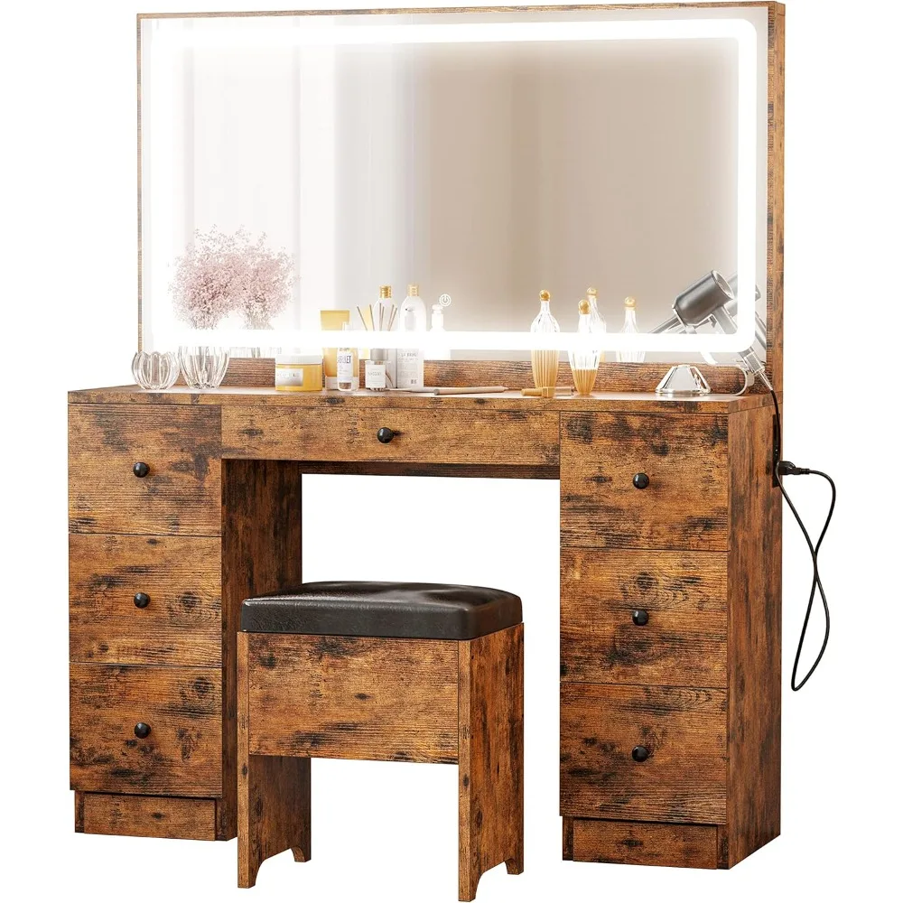 Dressing Table Set with Large LED Illuminated Mirror and Power Socket, Dressing Table with Storage Stool Bedroom Furniture