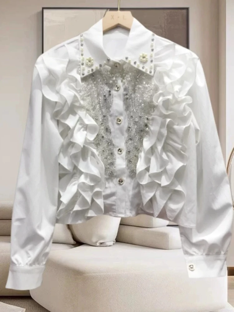 

Дизайнерская блузка для ранней осени 2024: Новинка, стильная, с рюшами, отложным воротником, бисером и пайетками, длинный рукав, черная, элегантная, цветная, модная.