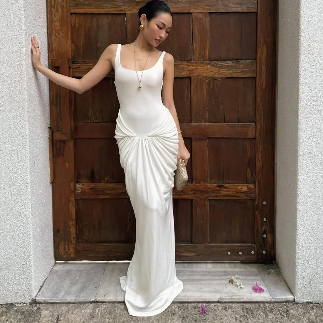 

Solid Ruched Bodycon Tank Maxi Dress Women Fashion Sexy U Neck Sleeveless Backless Slim Casual Holiday Outfits Party Long Robe