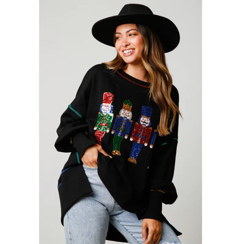 Festive Women's Sweatshirt Featuring Nutcracker Sequin Design Cozy Oversized Pullover Top For Winter Streetwear Holiday Outfits 2
