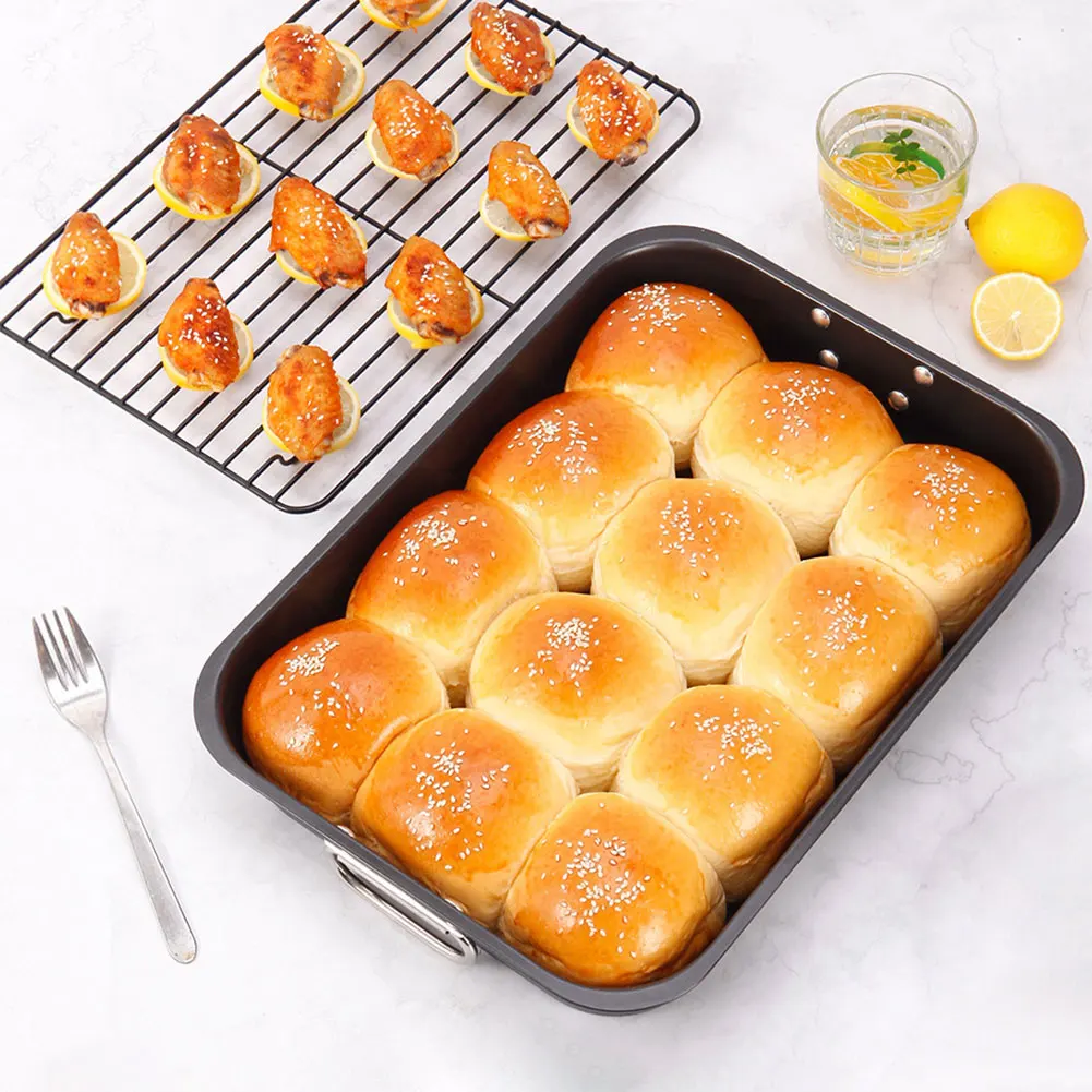 

Carbon Steel Roaster with Rack Multi-Function Thickened Baking Pan Dishwasher Safe Rectangular Roaster Pan for Home Kitchen