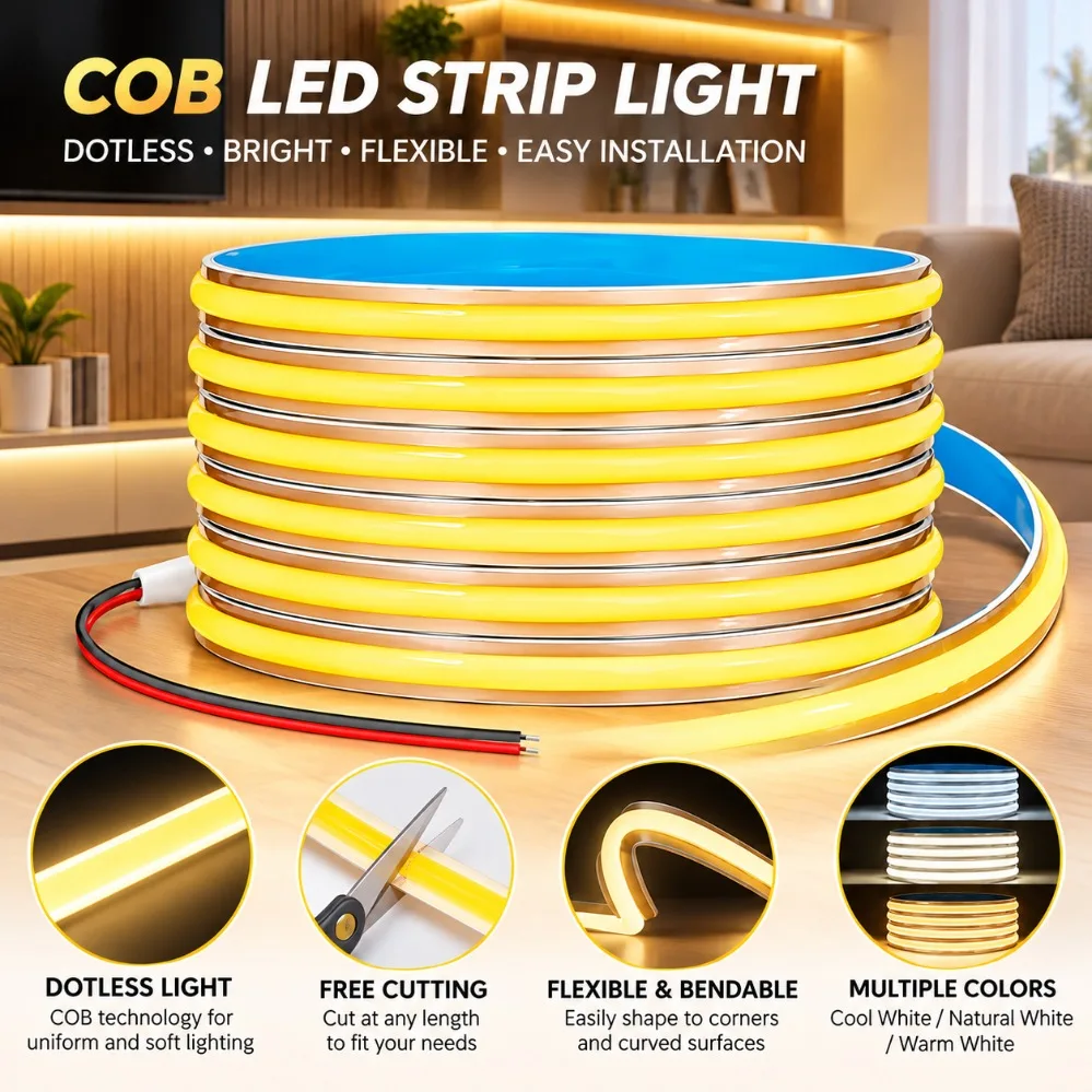 DC12V 6.6mm COB LED Strip 320LEDs/M Free Cut Flexible Tape Warm/Natural/White 0.5-10M for DIY Bedroom TV Backlight Cabinet Decor