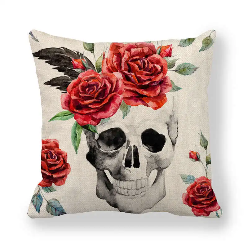 Skeleton Pirates Pillowcase Flower Skull Cotton Linen Pillows Case for Bedroom Bed Sofa 40x40 Pillow Cover Decorative Home Decor