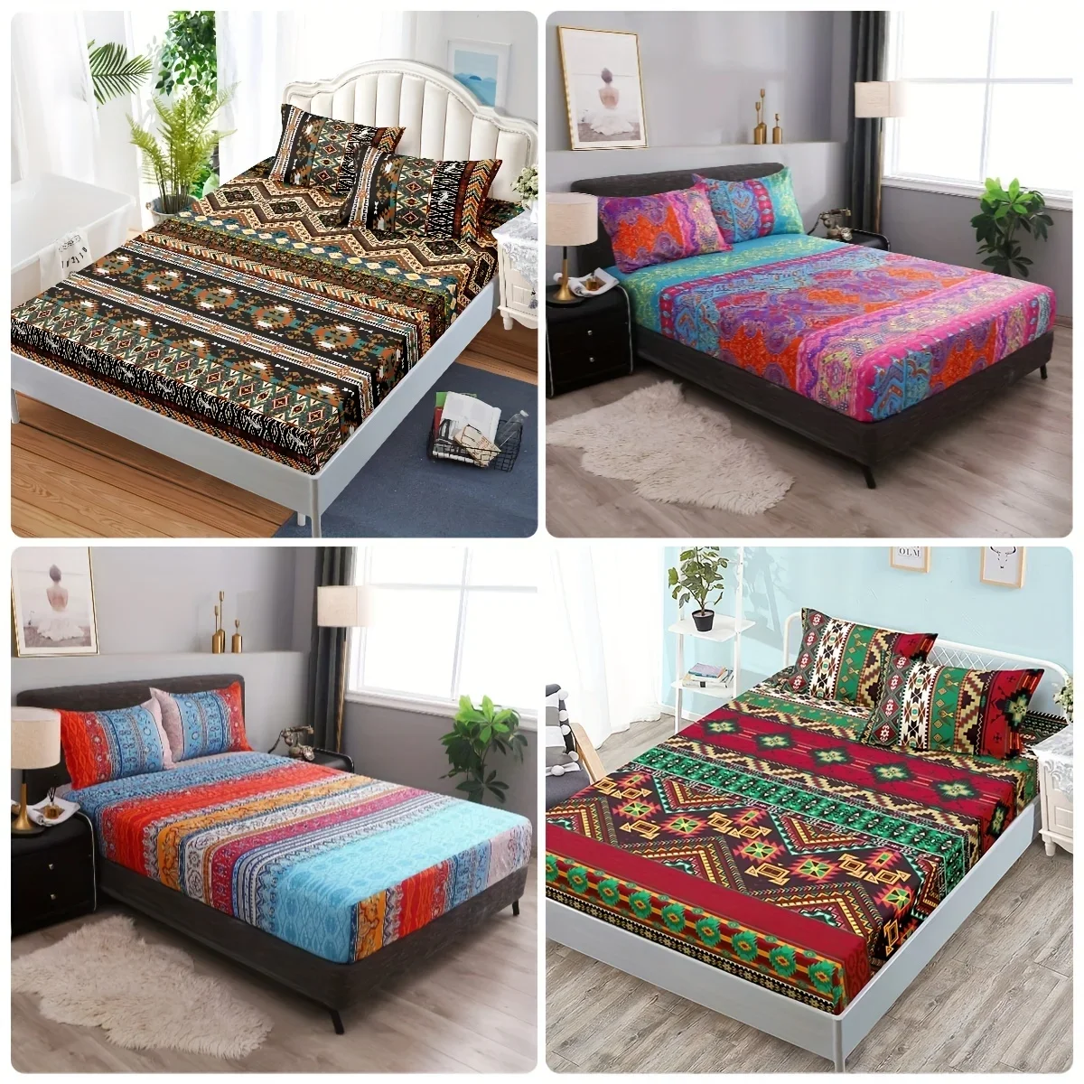 Boho Colorful Fitted Sheet Set Soft Comfortable Bohemian Bedding Set For Bedroom Guest Room1* Fitted Sheet