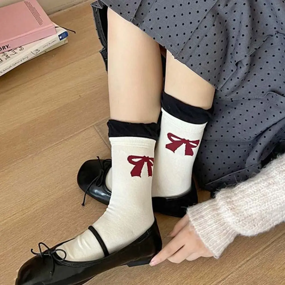 

2Pairs Soft Dot Bowknot Ruffle Socks Heart Kawaii Sweet Tube Socks Hosiery Anti-slip Socks Women Lady