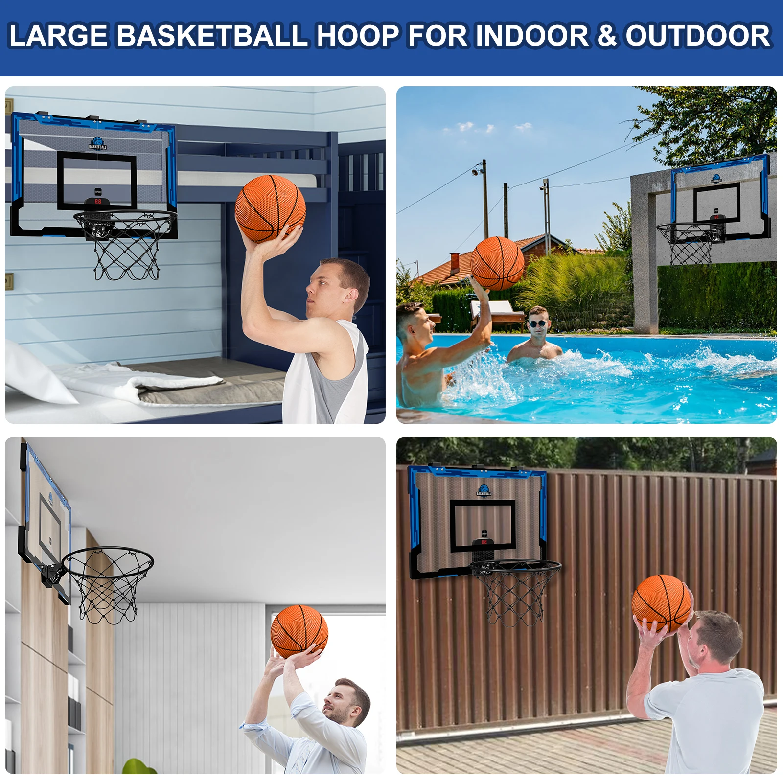 Cesta de basquete grande de 24 "x 16", interna para homens, crianças, adolescentes, meninos, meninas, cesta de basquete com painel resistente, brinquedos grandes de basquete