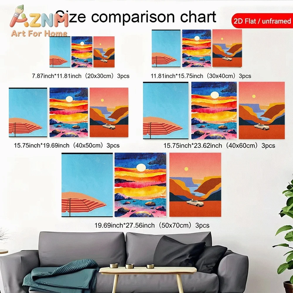 AZNM 3Pcs Abstract Beach Umbrella Canyon Landscape Canvas Wall Art Retro Car Sunset Poster Modern Home Decor No Frame Painting