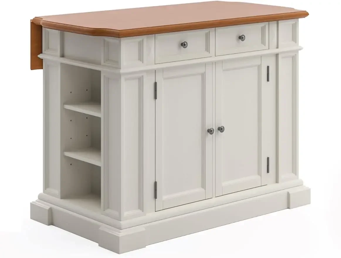 Americana Kitchen Island with Wood Top and Drop Leaf Breakfast Bar, Storage with Drawers and Adjustable Shelves, 50 Inch Width