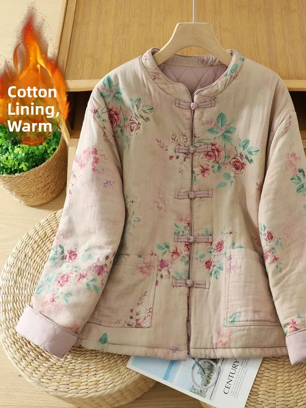 

Хлопковое женское пальто в стиле ретро с художественным принтом и хлопковым наполнителем на пуговицах, свободный крой, длинный воротник-стойка, тонкая зима...