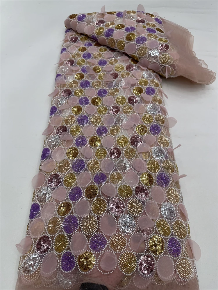 

2025 Heavy Beaded Sequins Lace Fabric Luxury High Quality African Tulle Lace Fabric Embroidered Lace 5 Yards Evening Party Dress