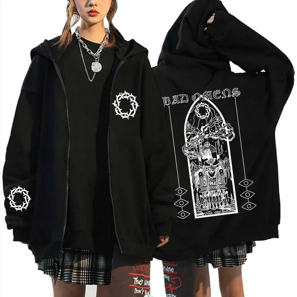 

Rock Band Bad Omens Zipper Hoodie Men Women Casual Vintage Oversized Zip Up Jacket Male Gothic Fashion Trend Zip Up Sweatshirt