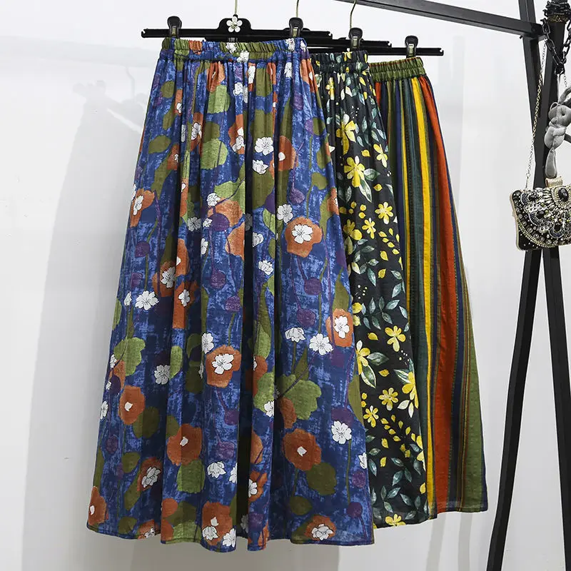 

Floral Printing Bohemian Chic Elastic High Waist A-line Women's Skirt Korean Fashion Mid-Calf Long Skirts For Women 2024 Spring