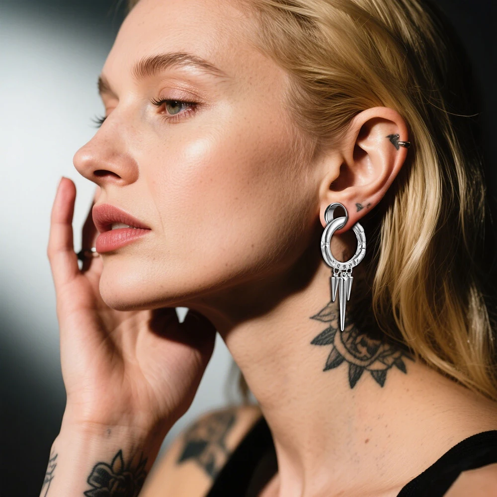 Giga 1/2Pcs 5.5MM Punk Ear Weights Hanger with Dangle Cone Stainless Steel For Ear Stretcher Guages Expander Piercing Jewelry