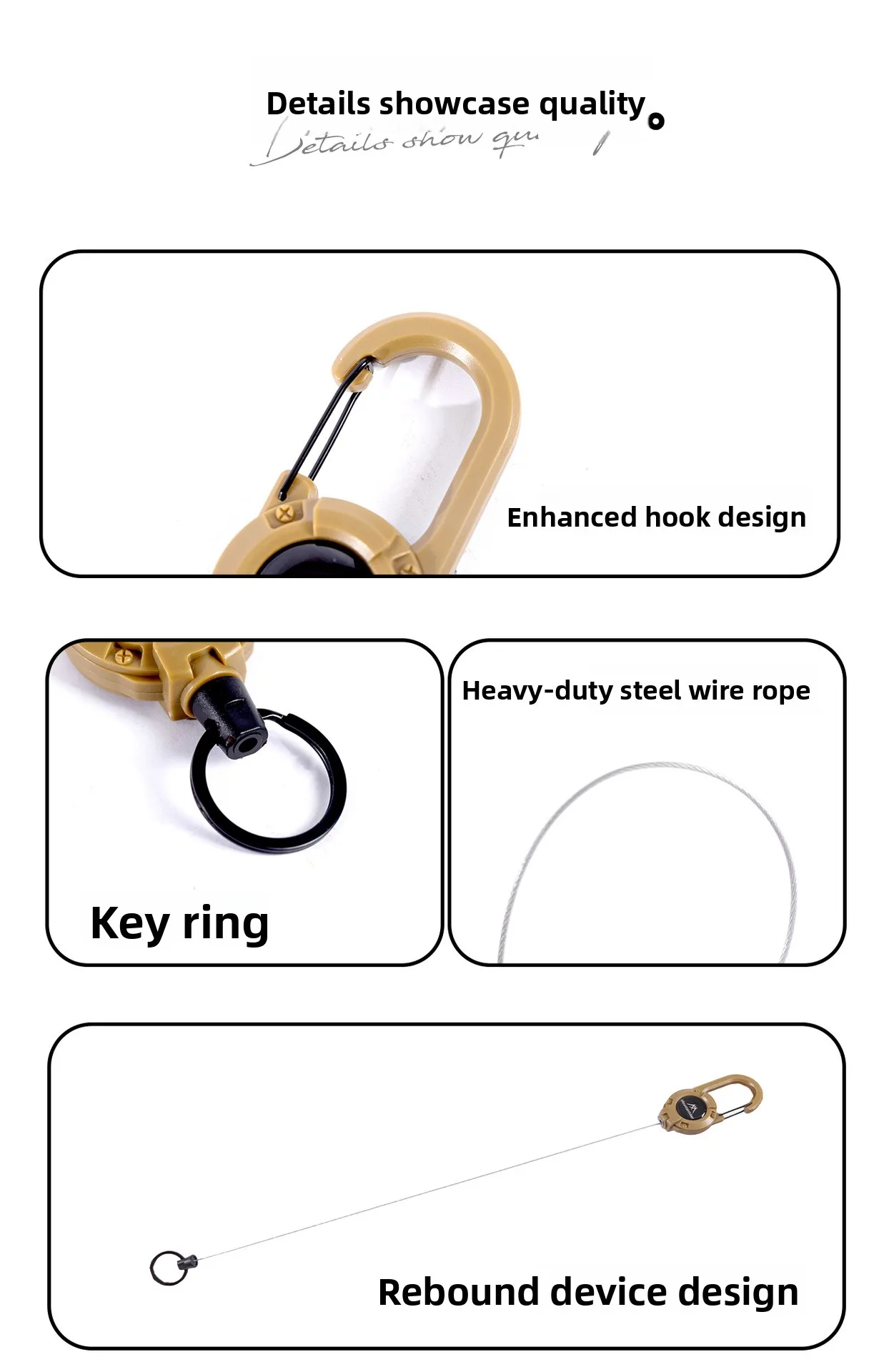 Einziehbare Hochleistungs-Zugrolle mit Karabiner, starkem Stahlseil, Schnalle, Feder-Schlüsselring, Outdoor-Sport-Zubehör, Schlüsselanhänger-Werkzeug – Detail 8