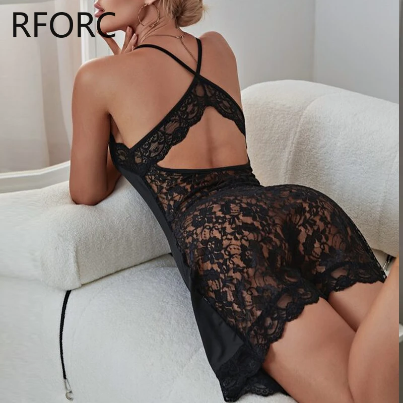 2024 Women Sleeveless Spaghetti Straps Lace Patchwork Mini Sexy Black Sleeping Dress