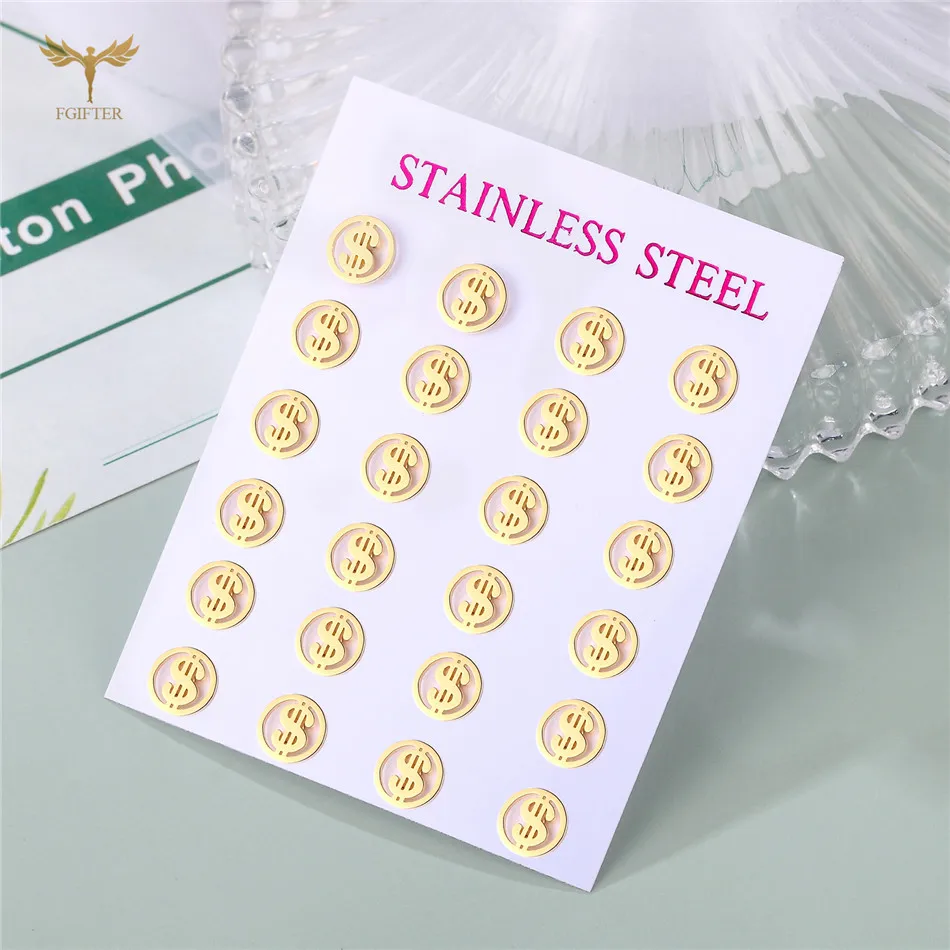 Wholesale Stainless Steel Jewelry Gold Color Stud Earrings Dollar Money Design Men Woman Accessories Resale 12 Pairs Lots