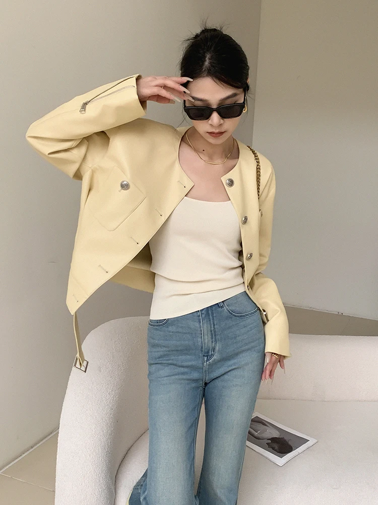 

JWUNIQUE Women's Yellow PU Leather Jaet ort Casual Thin Design Spring 2025 Commute Sle Long Sve Regular Length