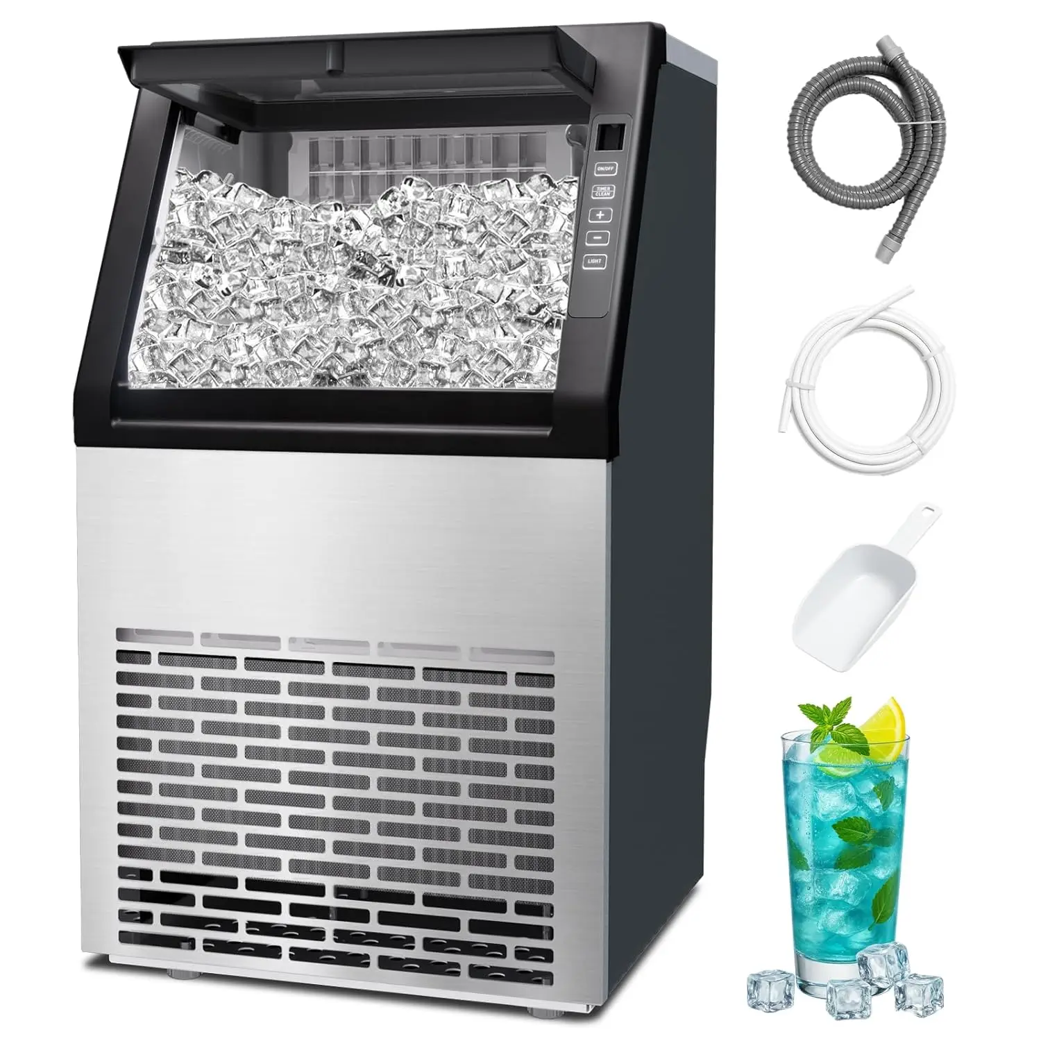 

Commercial Ice Machine, 100LBS/Day Stainless Steel Freestanding Large Ice Maker, 36 Cubes in 11Mins, 24H Timer, Self-Cleaning, I