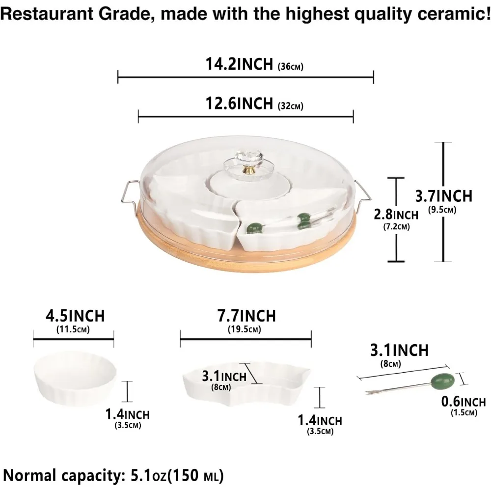 Divided Snack Tray with Lid, 5 Removable Snack Deli Containers with 4 Forks for Party Serving Plate, Fruit Tray with Dips, Snack