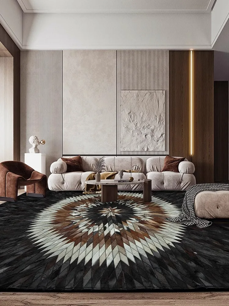 Natural Cowhide Leather Living Room Carpet Modern Black Genuine Cowhide Geometric Coffee Table Beside Mat Bedroom Area Rug