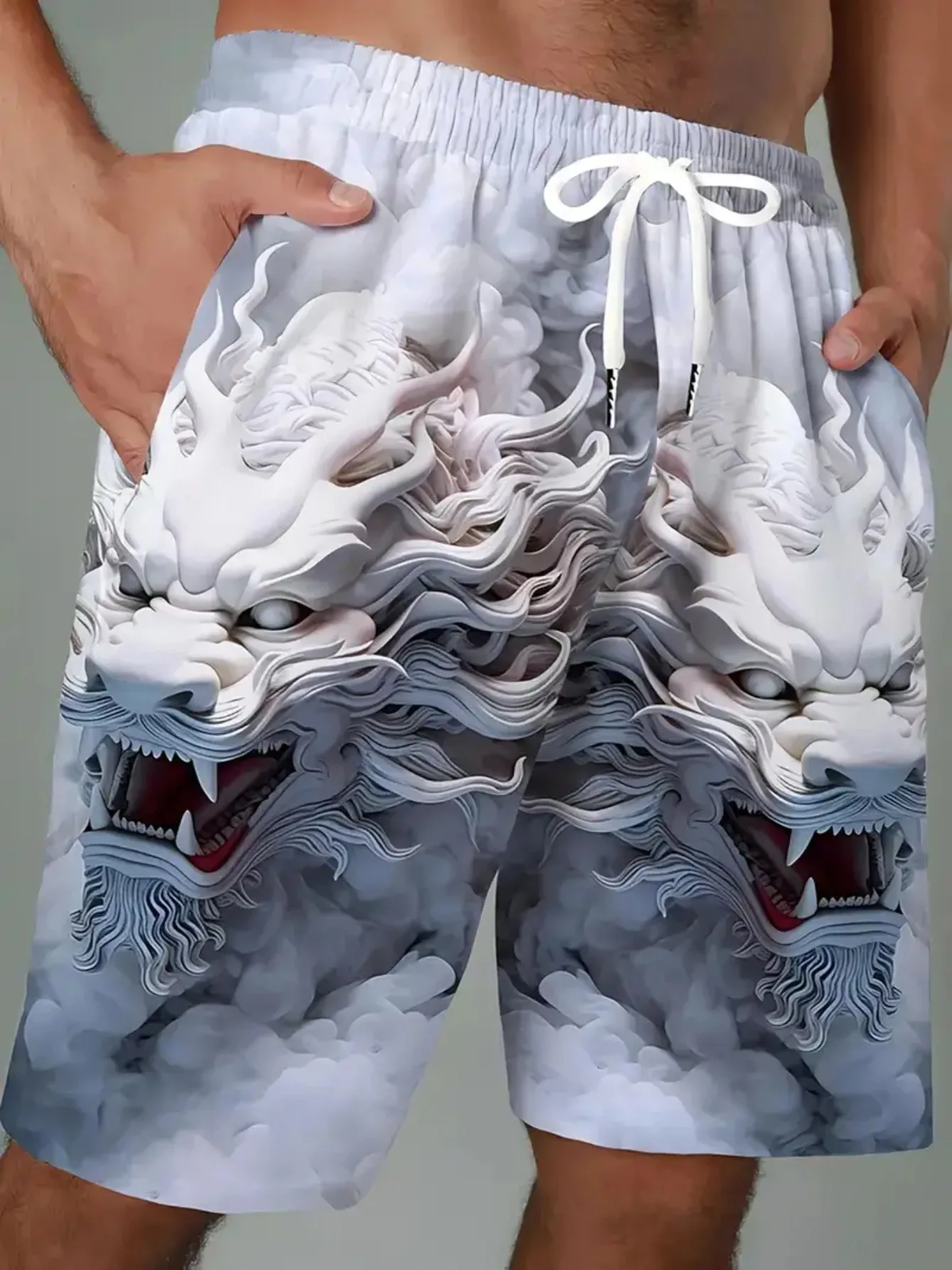 

2026 Model Casual Shorts, Street Fashion Trend, White Dragon 3D Print, Quick-drying and Breathable, Suitable for All Seasons.