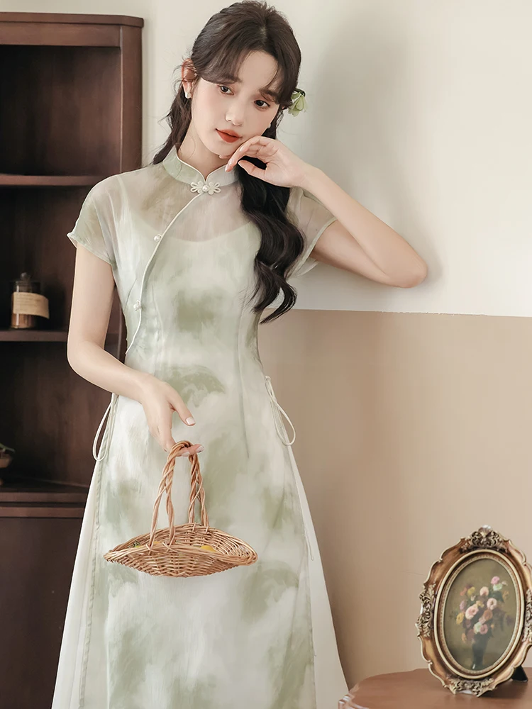 Dames Tweedelige Sets Lente 2024 Nieuwe Cheongsam Volants Korte Mouw Chiffon Kleding Mouw Top Shirt Rok Pak