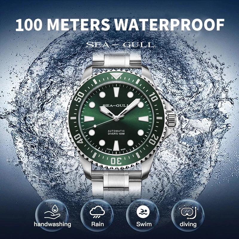 Seagull Men Automatic Watch Aço Inoxidável 100m Diving Series Watch Sapphire Crystal Luminous Wristwatch montre homme 6105