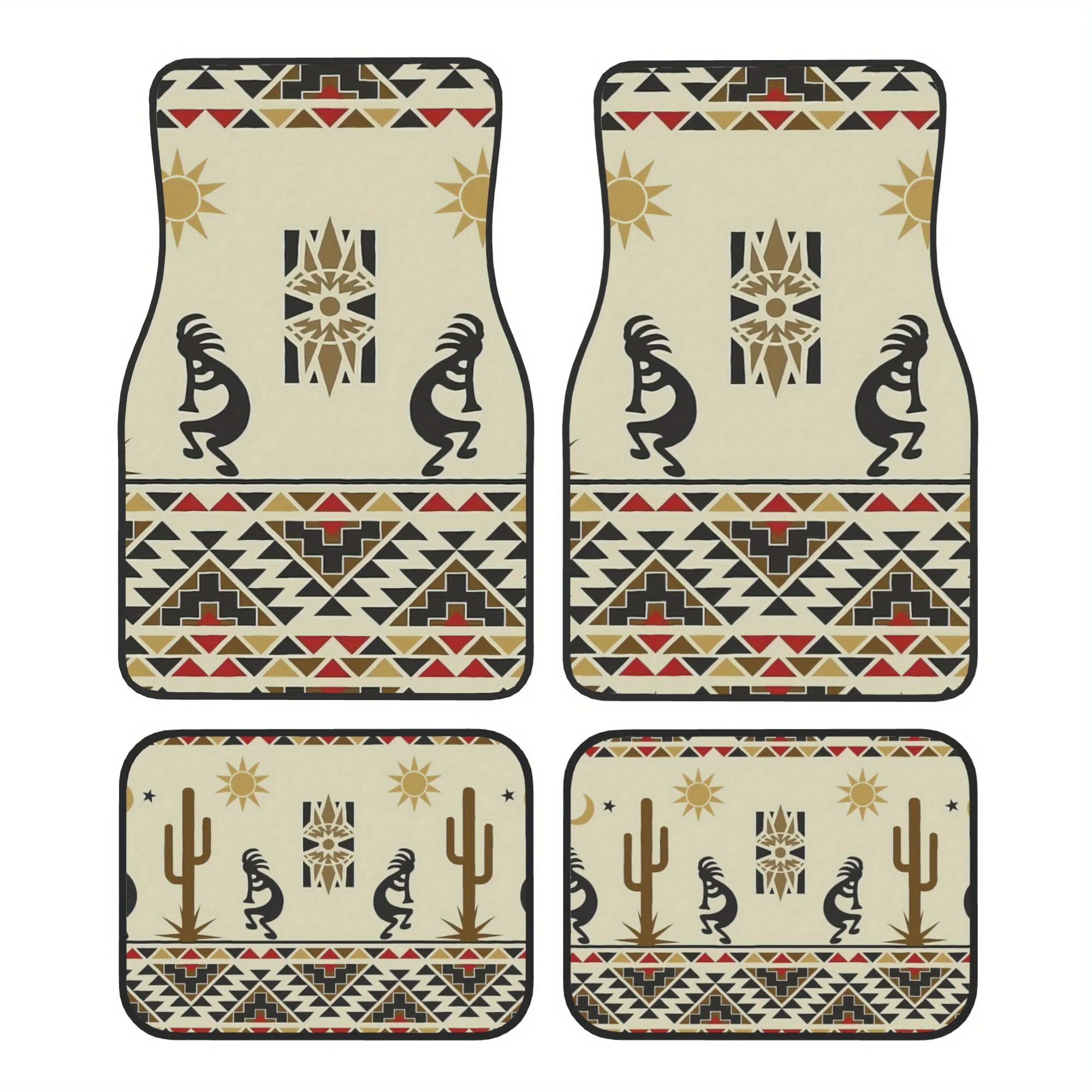 4pcs Southwestern Kokopelli Aztec Design Car Floor Mats | Durable Polyester Fiber, Beige With Black & Brown Geometric Patterns,