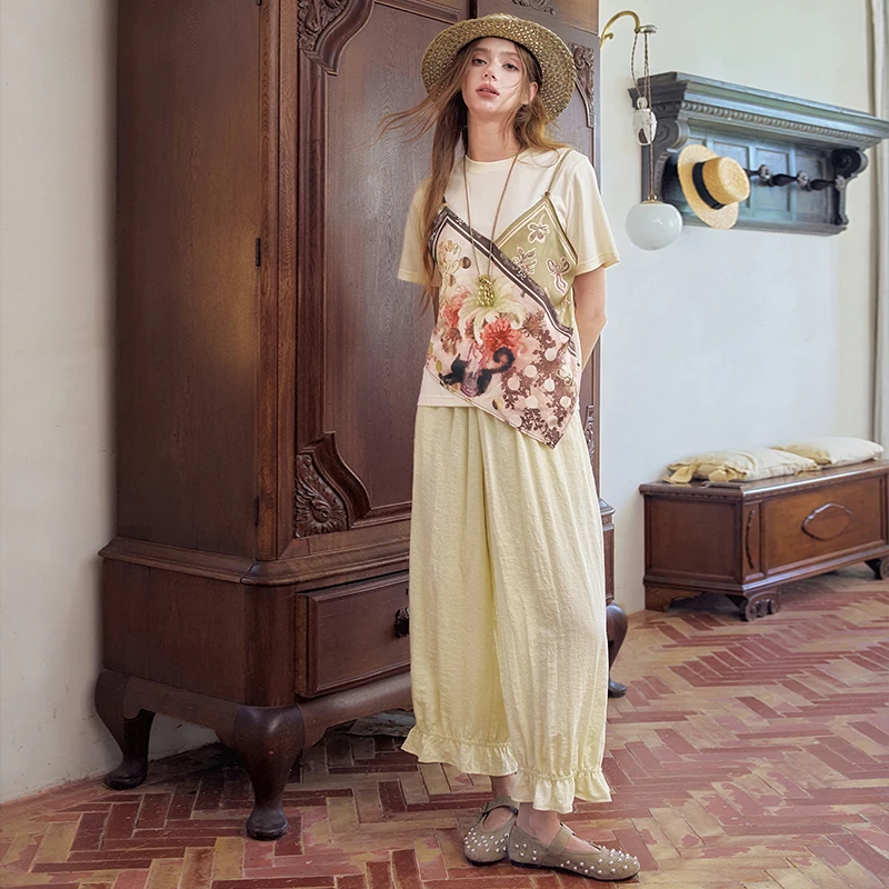 ELFSACK Women Boho Fake Two‑Piece Top with Floral Splicing & Elastic Wide‑Leg Pants Set for Summer Casual Daily Outfit