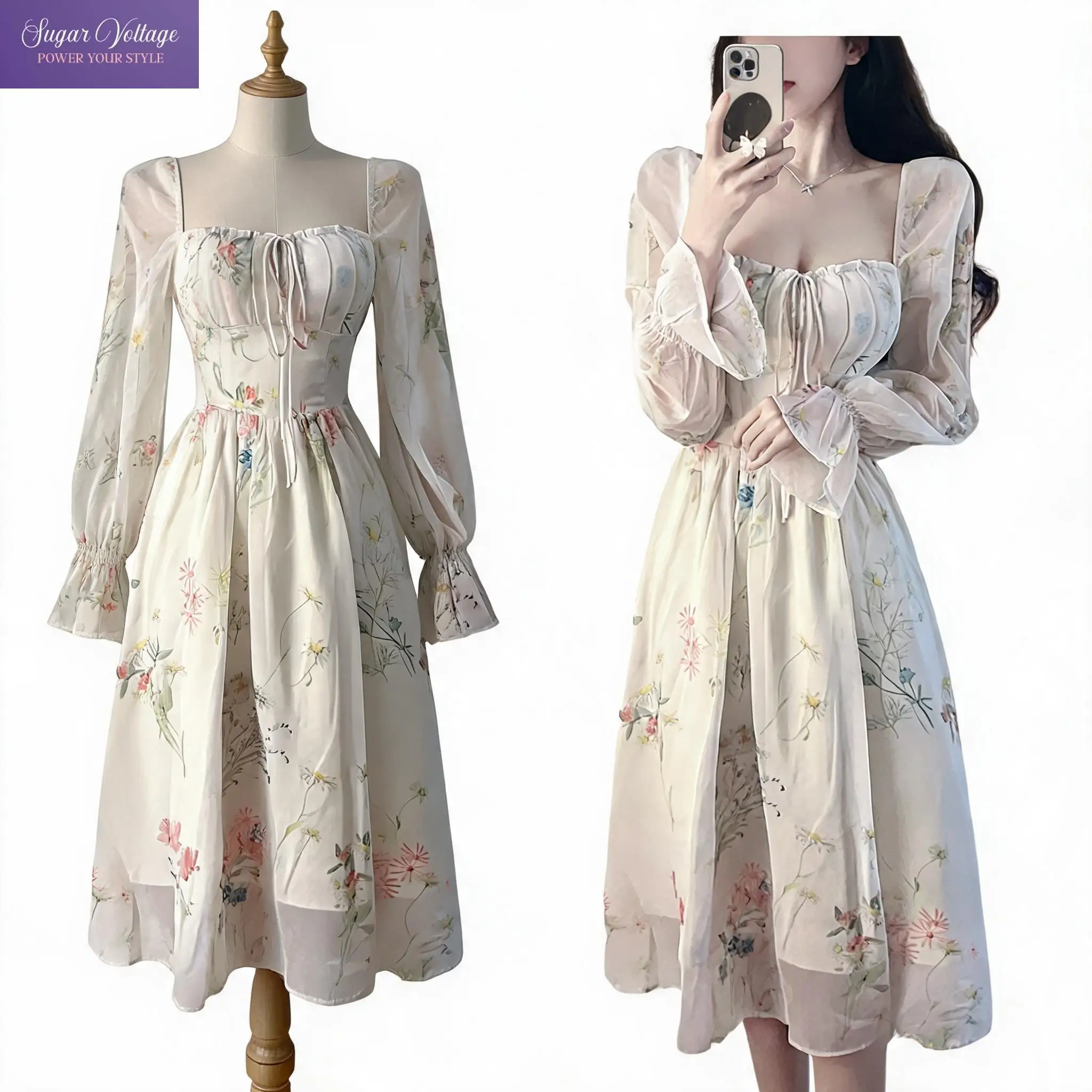 French Elegant Floral Print Flowy Chiffon Soft Puff Sleeve Square Neck Drawstring Long Midi Dress For Women Daily Wear Tea Party