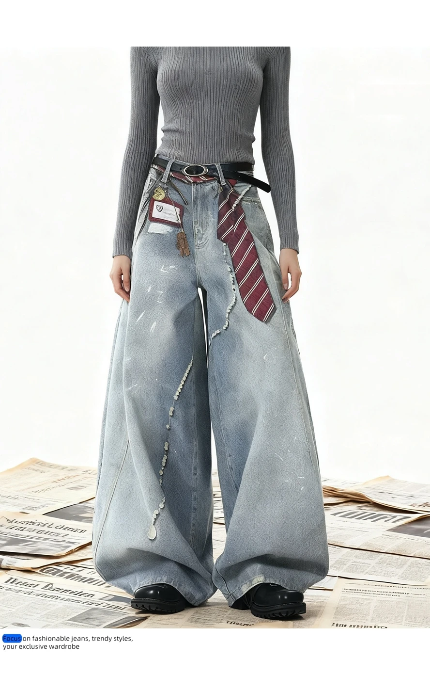 CHIC Street Woman Jeans Tie Studios Washed Denim Jeans Women Cargo Pants High Waist Casual Wide Leg Trousers for Men Female