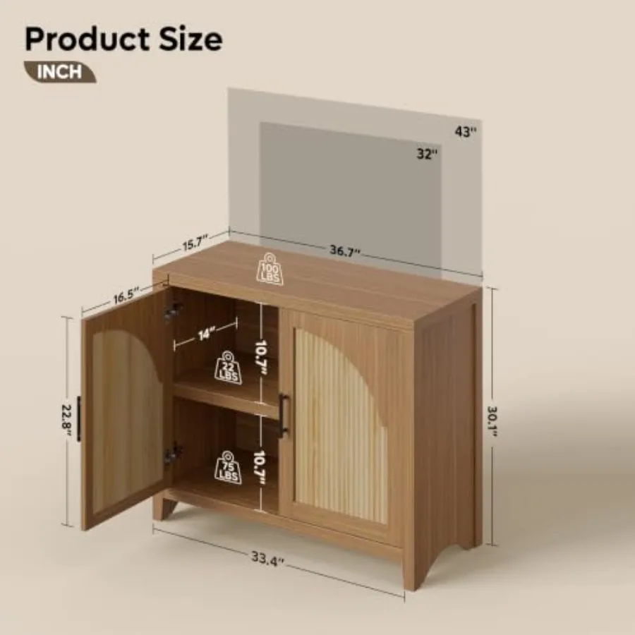 37 Fluted Sideboard Buffet Cabinet with Storage for dining room, wood, walnut, ample concealed storage and sleek vertical groov