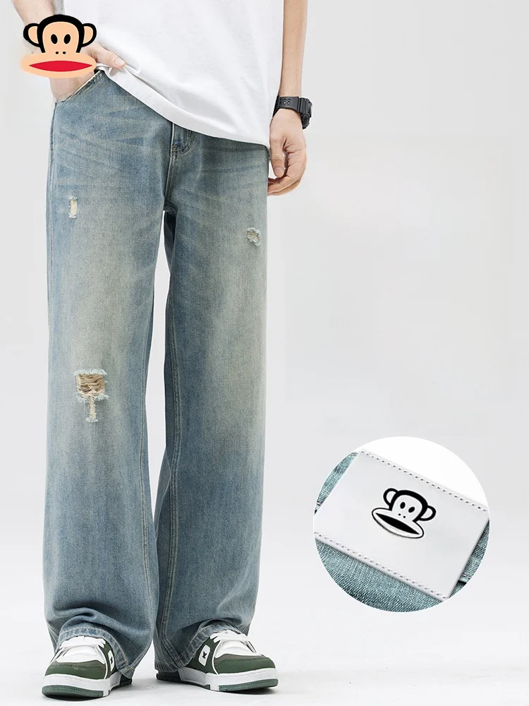 

PaulFrank свободные прямые мужские джинсы винтажные американские рваные повседневные длинные брюки дышащие летние джинсы