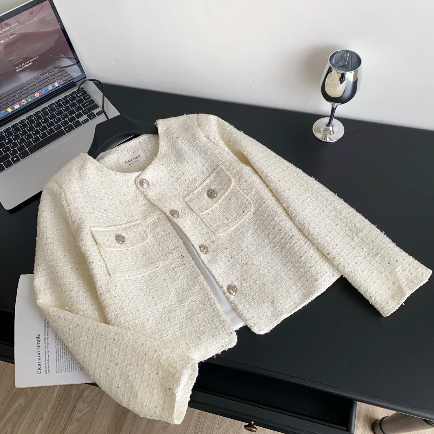 معطف مزاجه قفل معدني أنيق للنساء لخريف وشتاء جديد على الطراز الفرنسي سترات واحدة الصدر بجيوب ورقبة دائرية #2