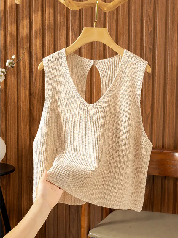 

Свободный вязаный укороченный жилет с вырезами на спине для женщин, весна-осень, большие размеры, с поясом, повседневный, для многослойных образов, с подплечниками