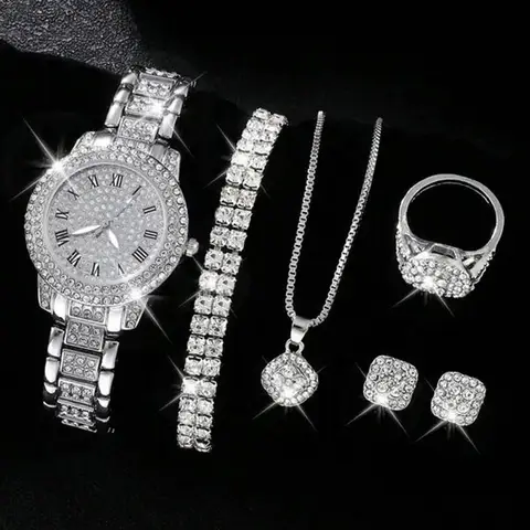 Full Diamond Roman Literal Steel Strip Watch with Starry Charm Business Quartz Watch Set
