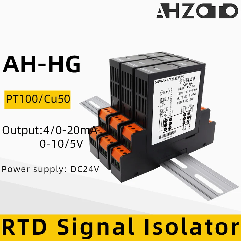 Plug-In Signal Isolator Tranducer Input Cu50 Pt1000 Output 0-5/10V 4-20mA Power DC24V 1In 2Out 2In 2Out RTD Signal Isolator