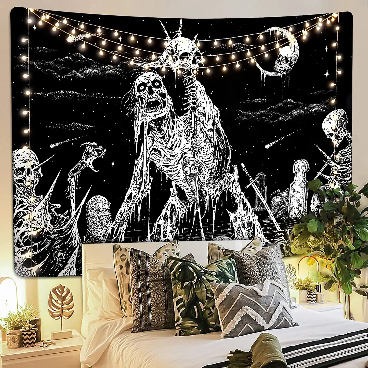 Gothic Skull Tapestry Black and White Skeleton Tapestry Wall Hanging for Bedroom Hippie Eyes Boho Home Decor Trippy Moon Cloth