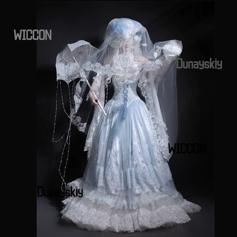 Vestido elegante de Lolita blanco y azul nieve, disfraces de Cosplay para mujer, alta calidad, Kawaii Jirai Kei, fiesta Medieval gótica, Halloween diario