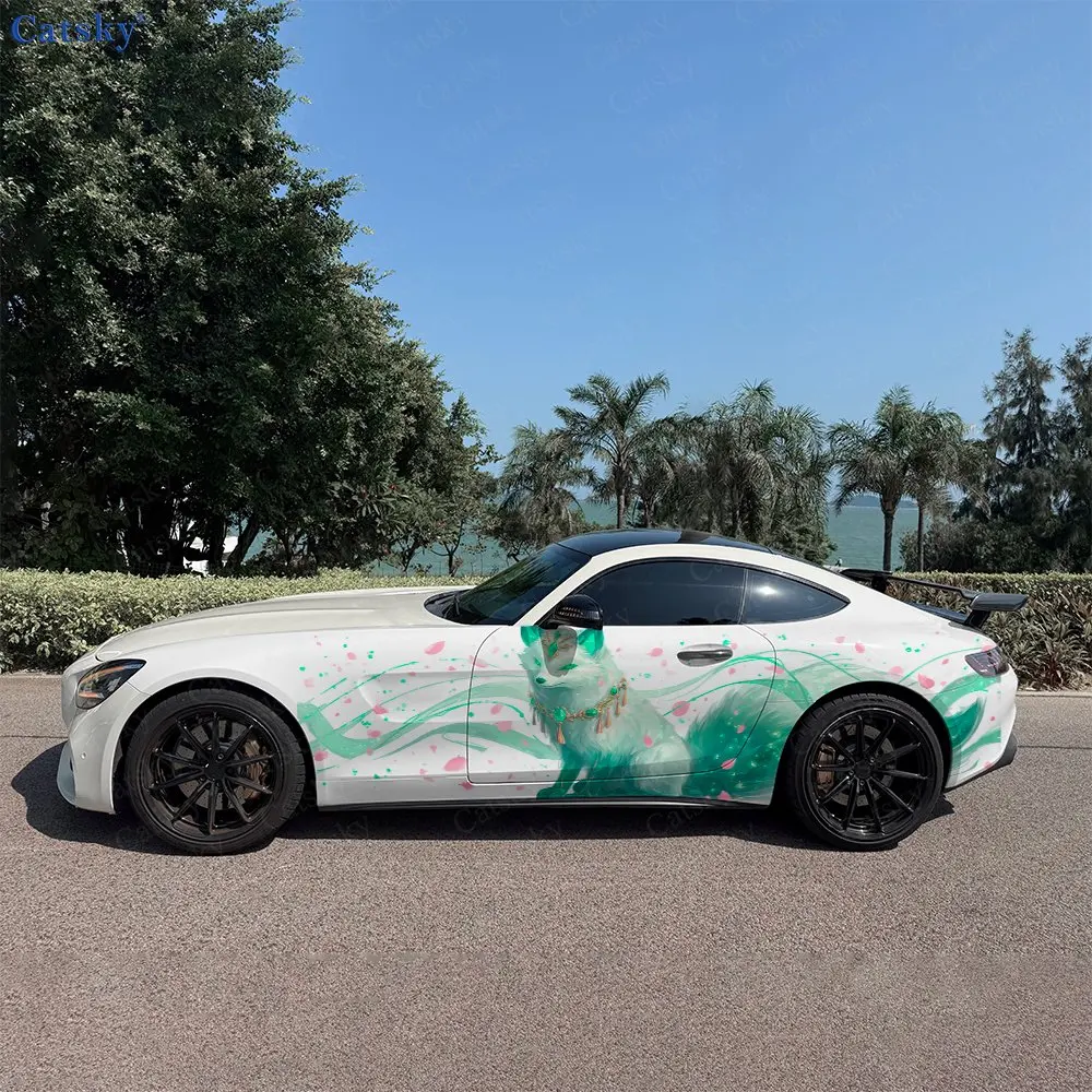 2pcs Emerald Stream Spirit Fox Car Side Wraps, Self-Adhesive PVC Waterproof & Scratch-Resistant Stickers, Car Accessory Gift