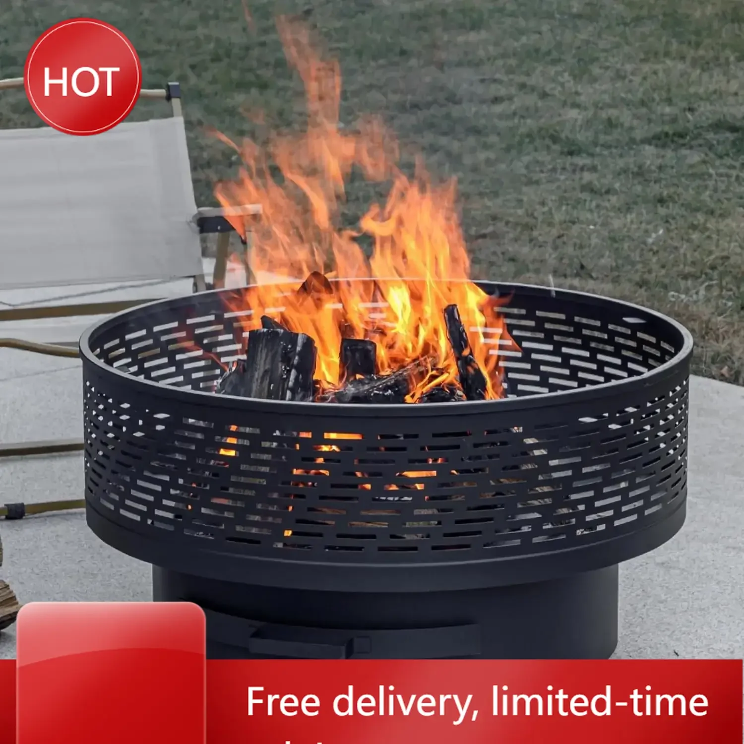 

32" Wood Burning Fire Pits with Grill & Lid, Fire Pit Table for Outside with Waterproof Cover & Fire Poker, Outdoor Firepit with