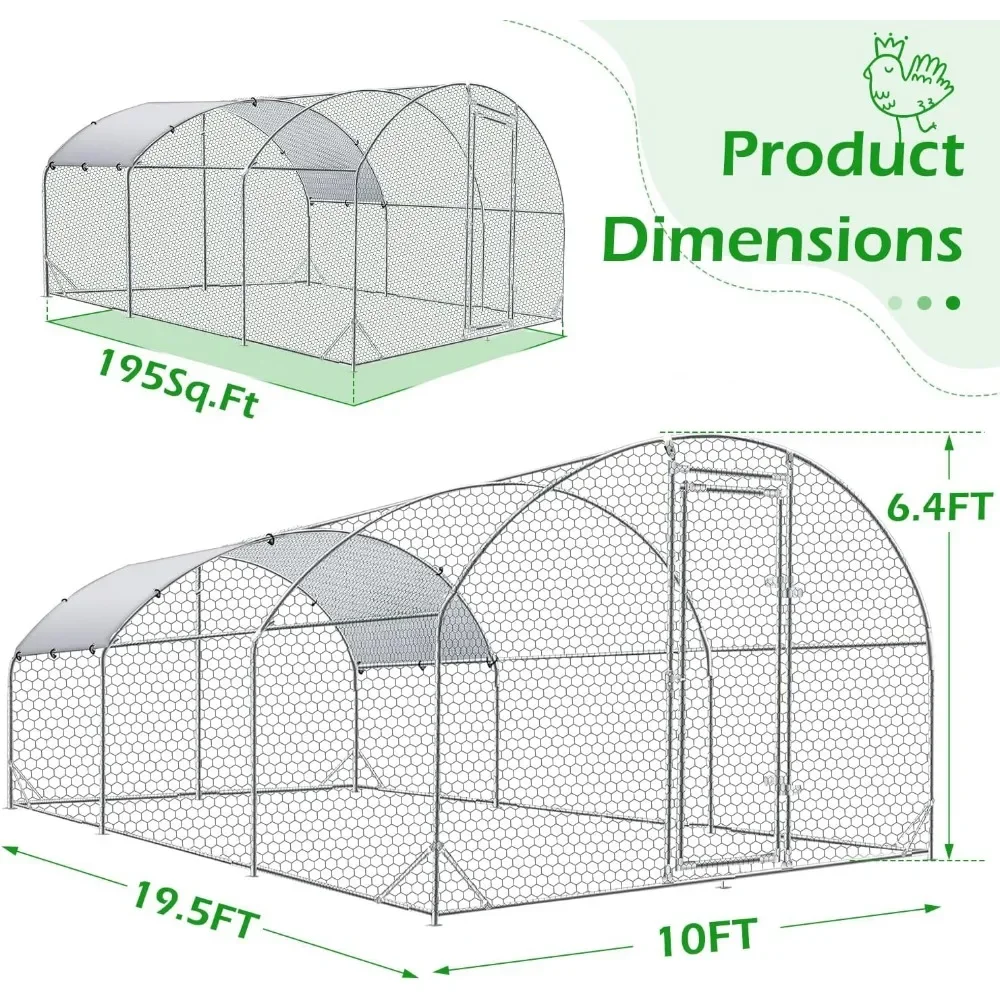 195 Sq.Ft Chicken Coop,10 Chickens,Walk-in Metal Chicken Cage with Chain Link Fence, Chicken Coop