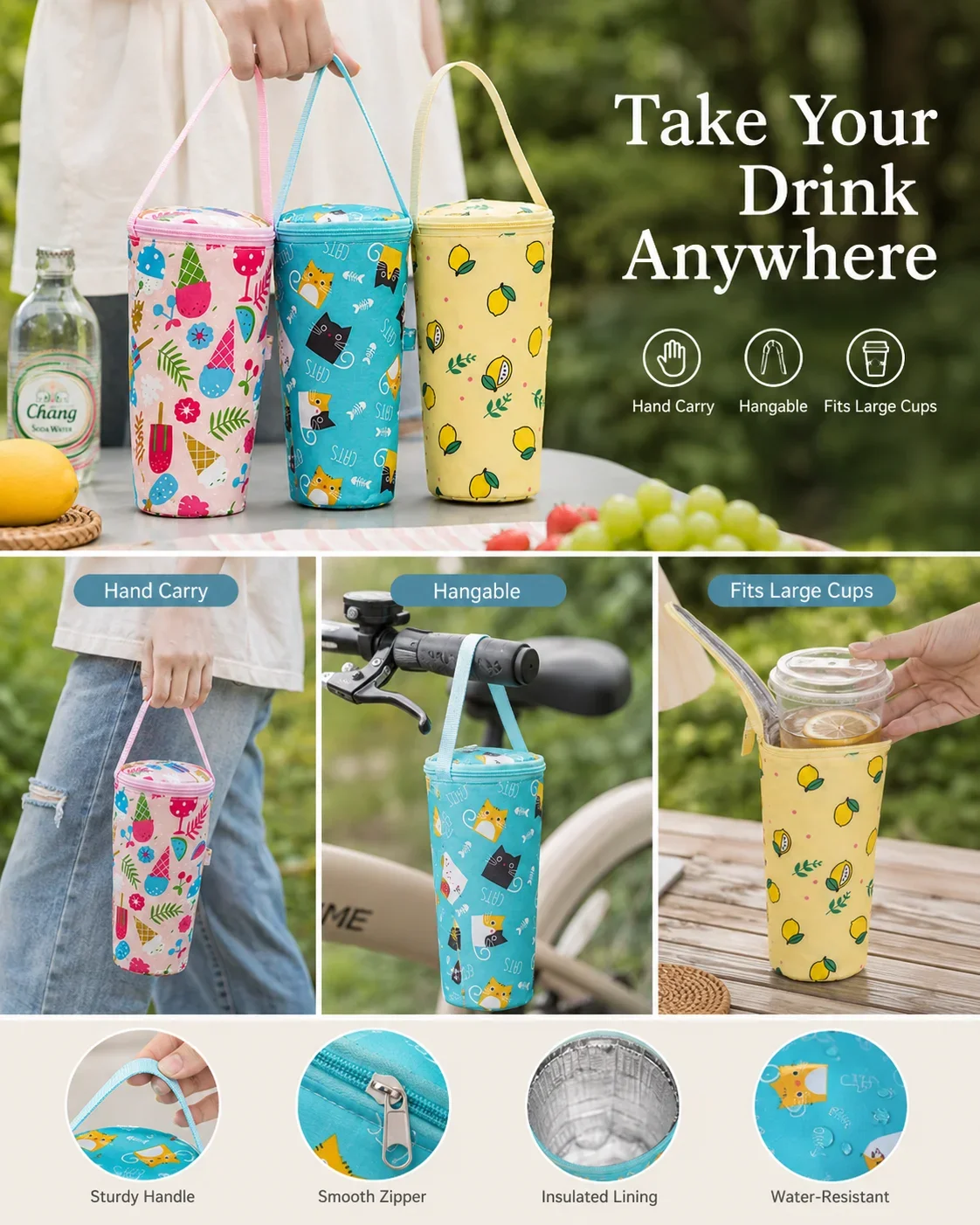 Canvas Water Bottle Bag with Handle and Strap, Minimalist Crossbody Cup Sleeve for Milk Tea and Thermal Cups
