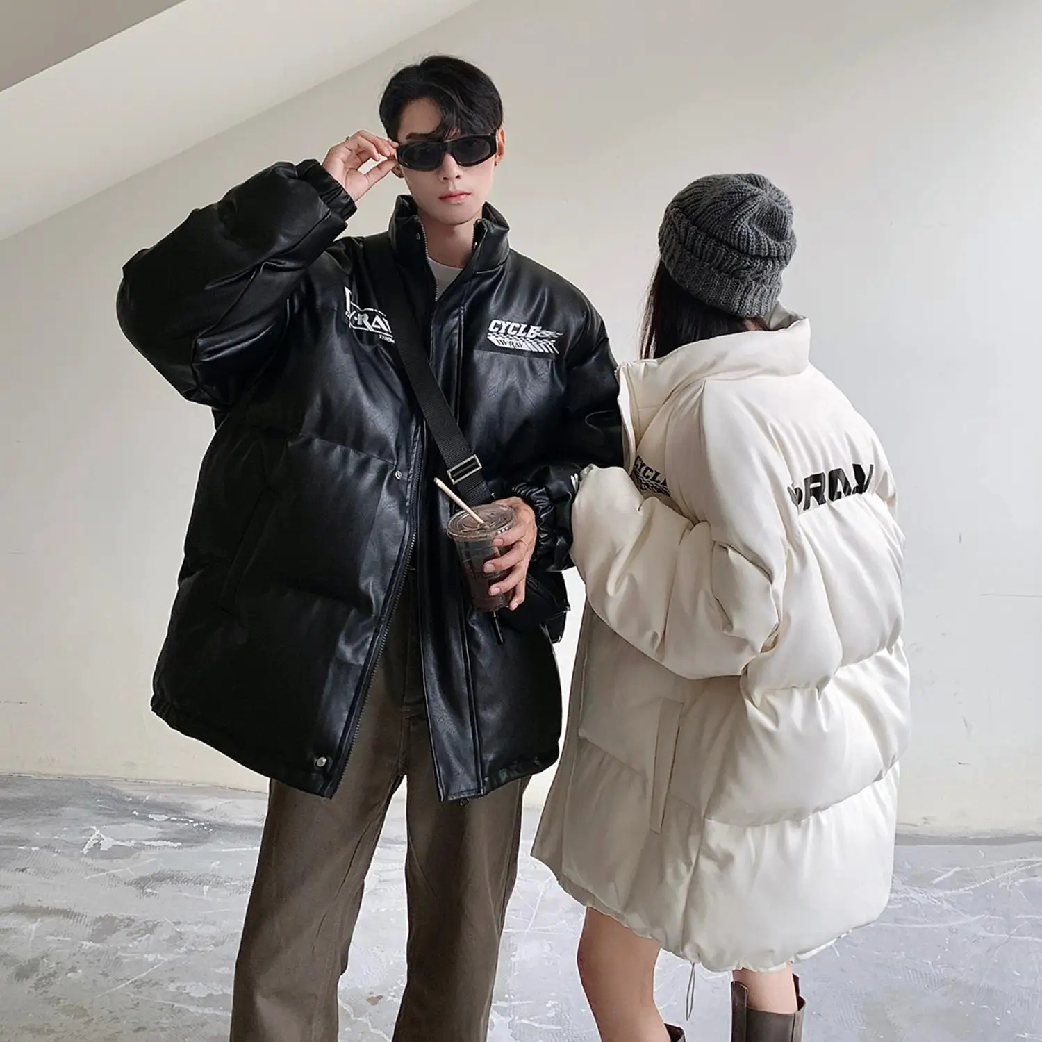 

Retro American Motorcycle PU Leather Cotton Jaet Thi Warm Loose Fit Collar Winter Outerwear for Couples Trendy Brand