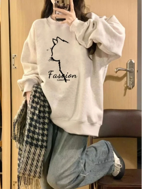 

Свободная удлиненная толстовка с капюшоном на подкладке для женщин, осенне-зимняя, утепленная, с круглым вырезом, с принтом, удобная уличная одежда