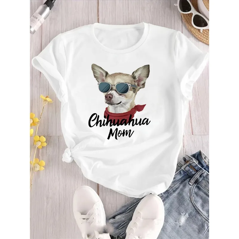 Fun Dog Letter Printed Women's Fashion Trend Cotton T-shirt Round Short Sleeve Simple Casual Sports Loose Women's O-neck T-shirt